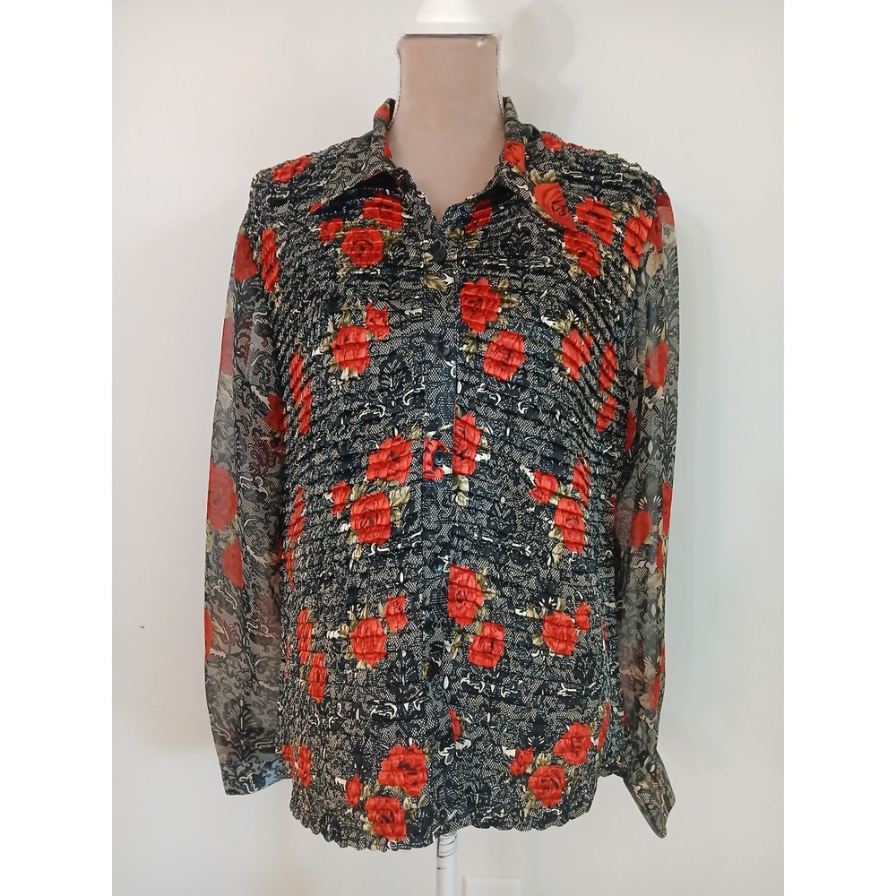Jordan Women XL Blouse Red Rose Floral Lace Print Pleated Mesh Sleeve Button Up